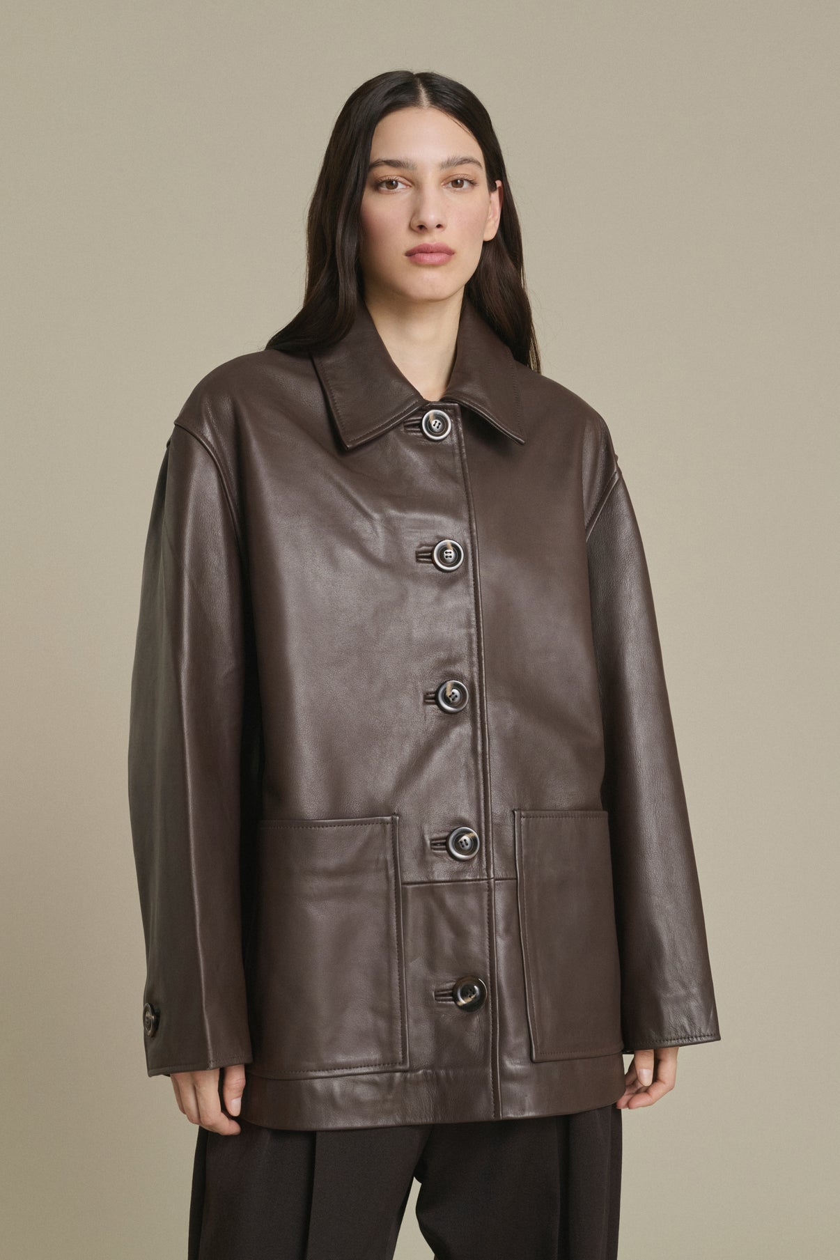 Chaqueta Vincenzo - Taupe cuero liso mujer - Soeur vue 3